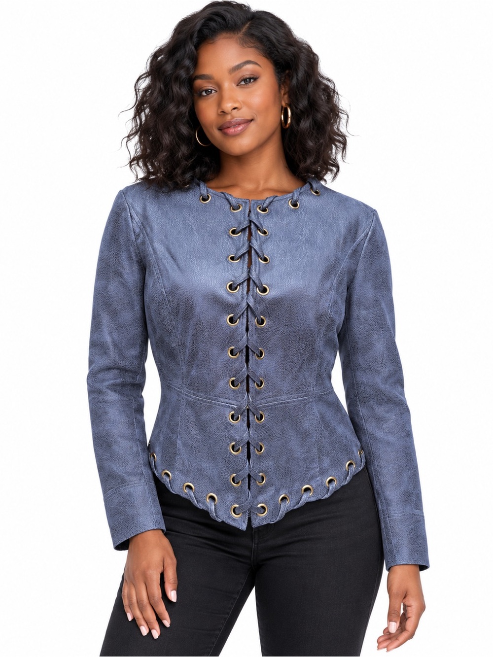 Lace-Up Suede Leather Jacket in Deep Blue